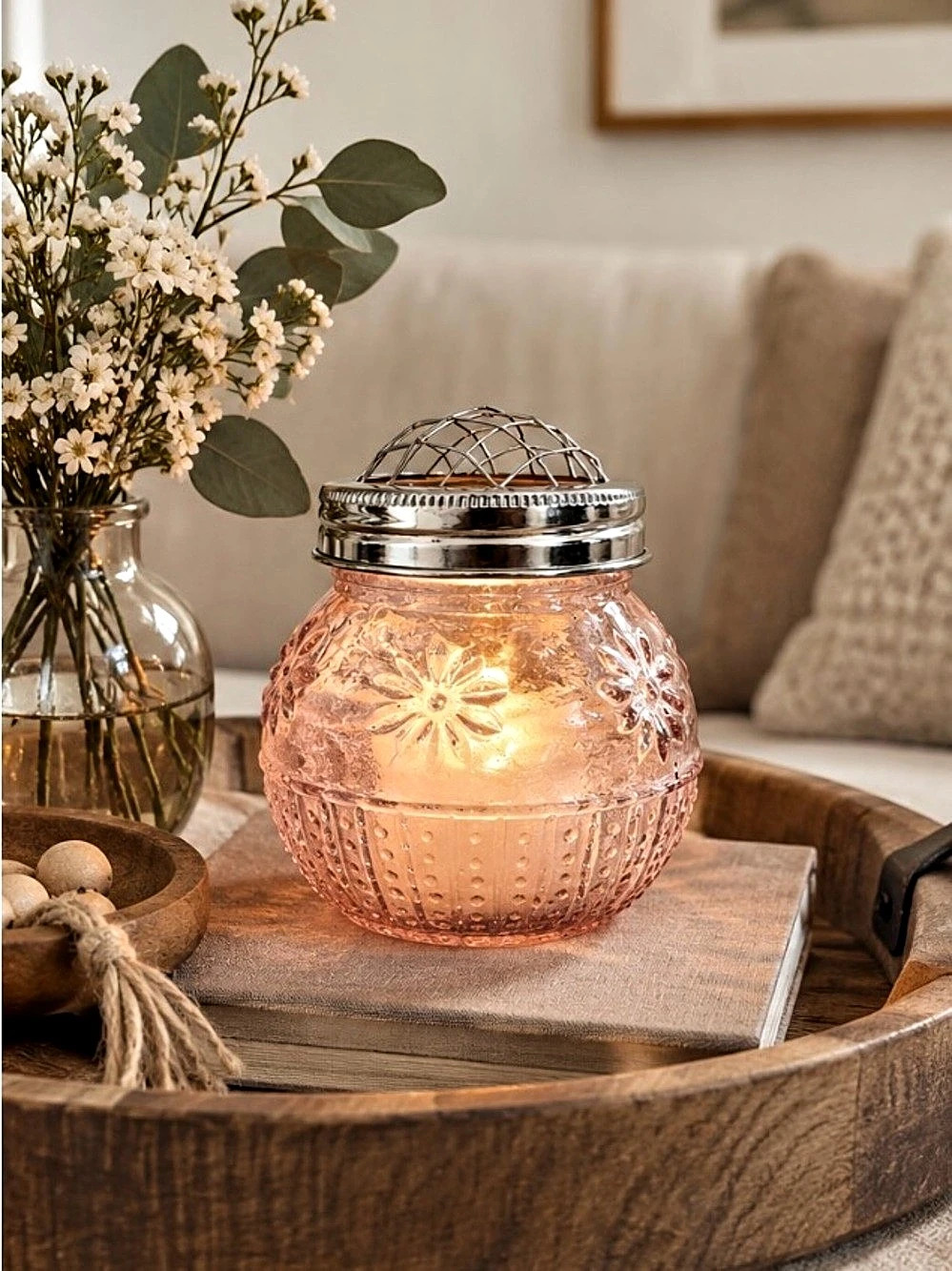 Pink Pressed Glass Rose Bowl Candle Holder Floral Wire Flower Frog Jar Hobnail